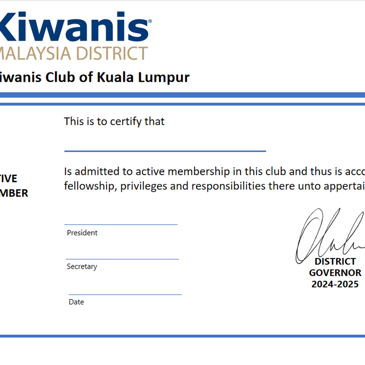Active Member Certificate